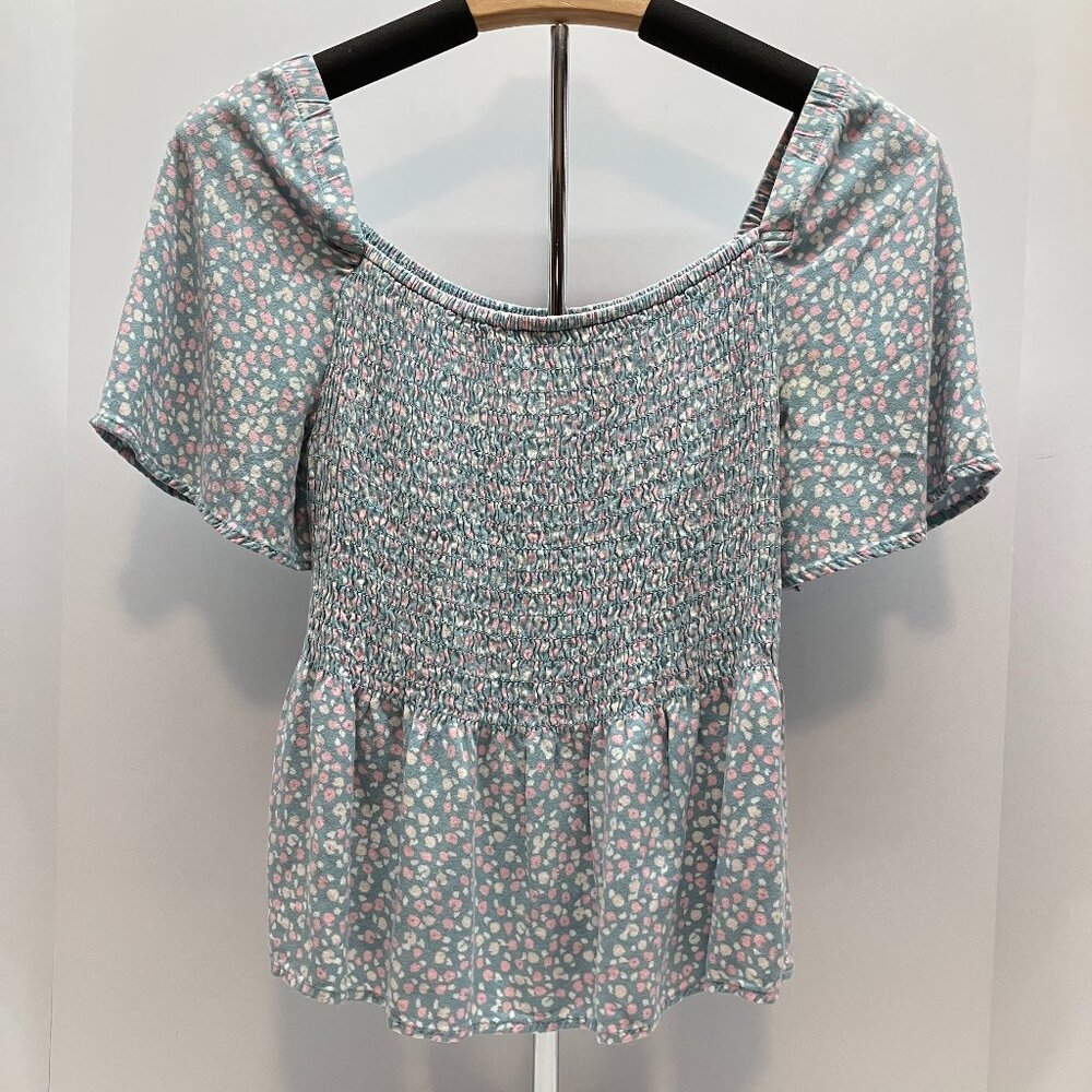 Urban Romantics Womens Juniors Blue Pink Floral Elastic Peplum Top‎ Shirt Size M